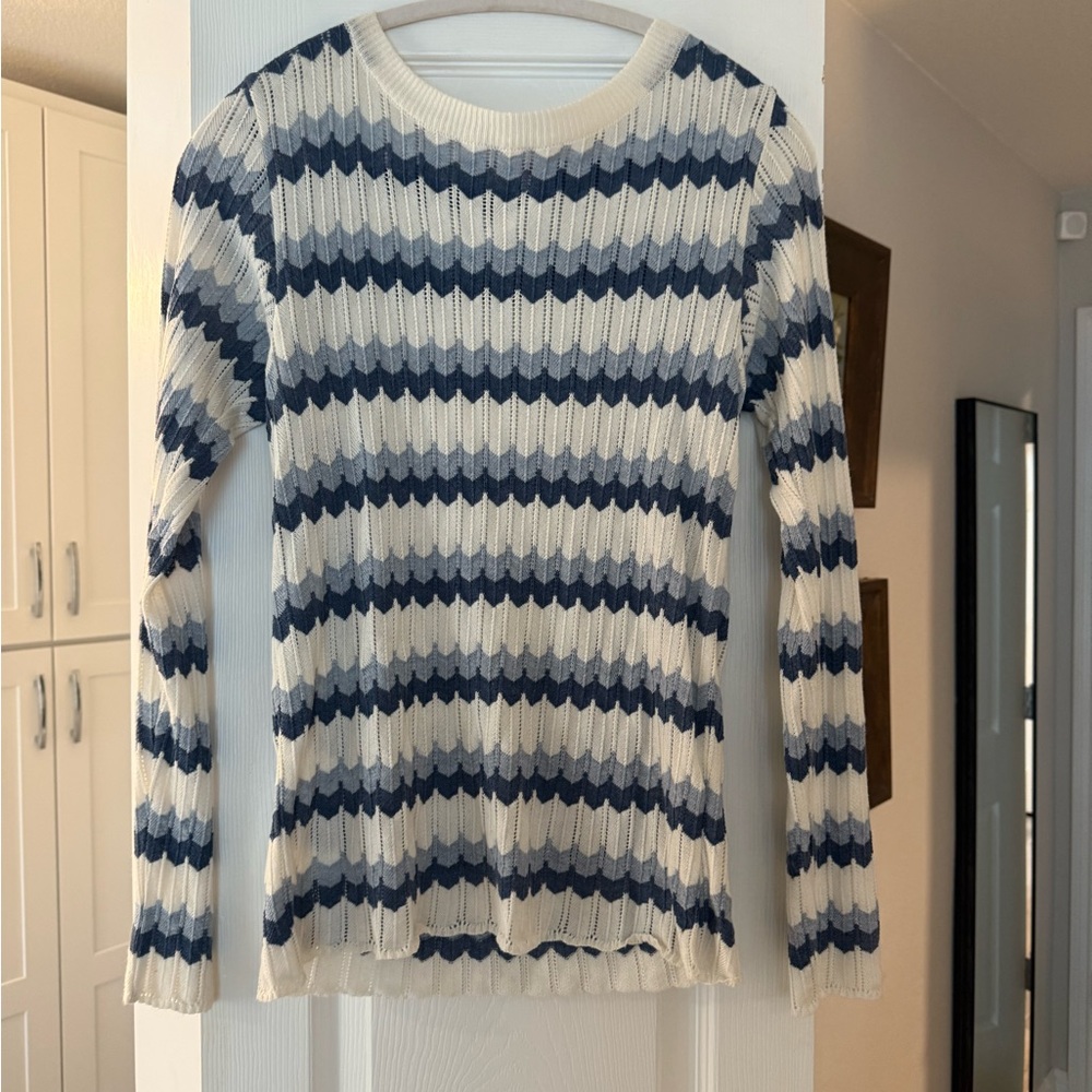 Navy and Cream Striped Crew Neck Sweater